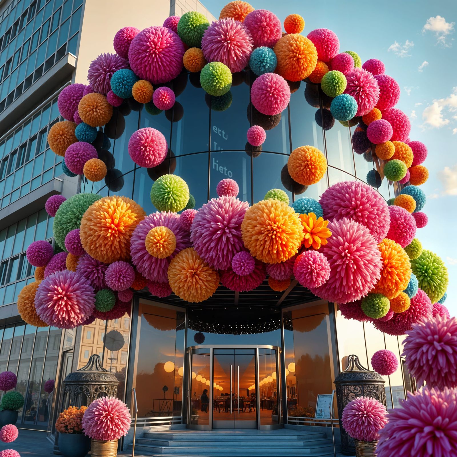 Colorful Pom Pom Building in Pixar Animation Style
