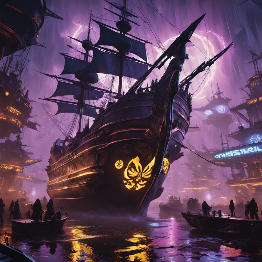 Cyberpunk Pirate Battle in Neon Noir Style