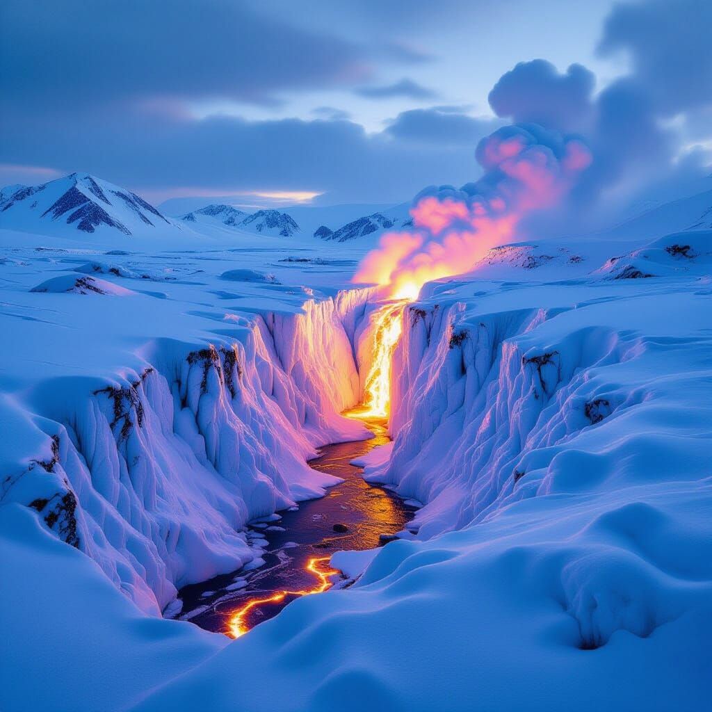 Lava Flowing Down a Snow-Covered Iceberg