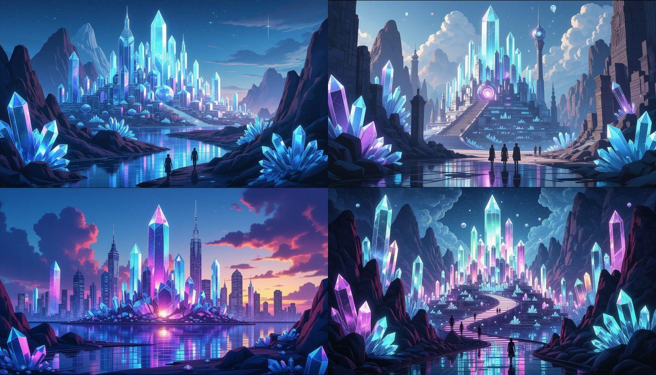 Crystal Cityscape with Gemstone People in Comic Art Style