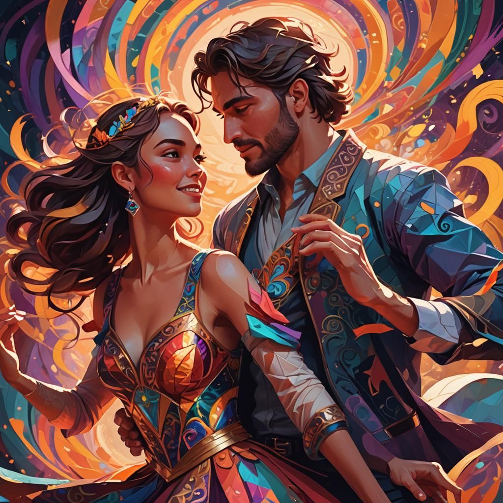 Fantasy Portrait of Dancing Couple in Digital Folk Art
