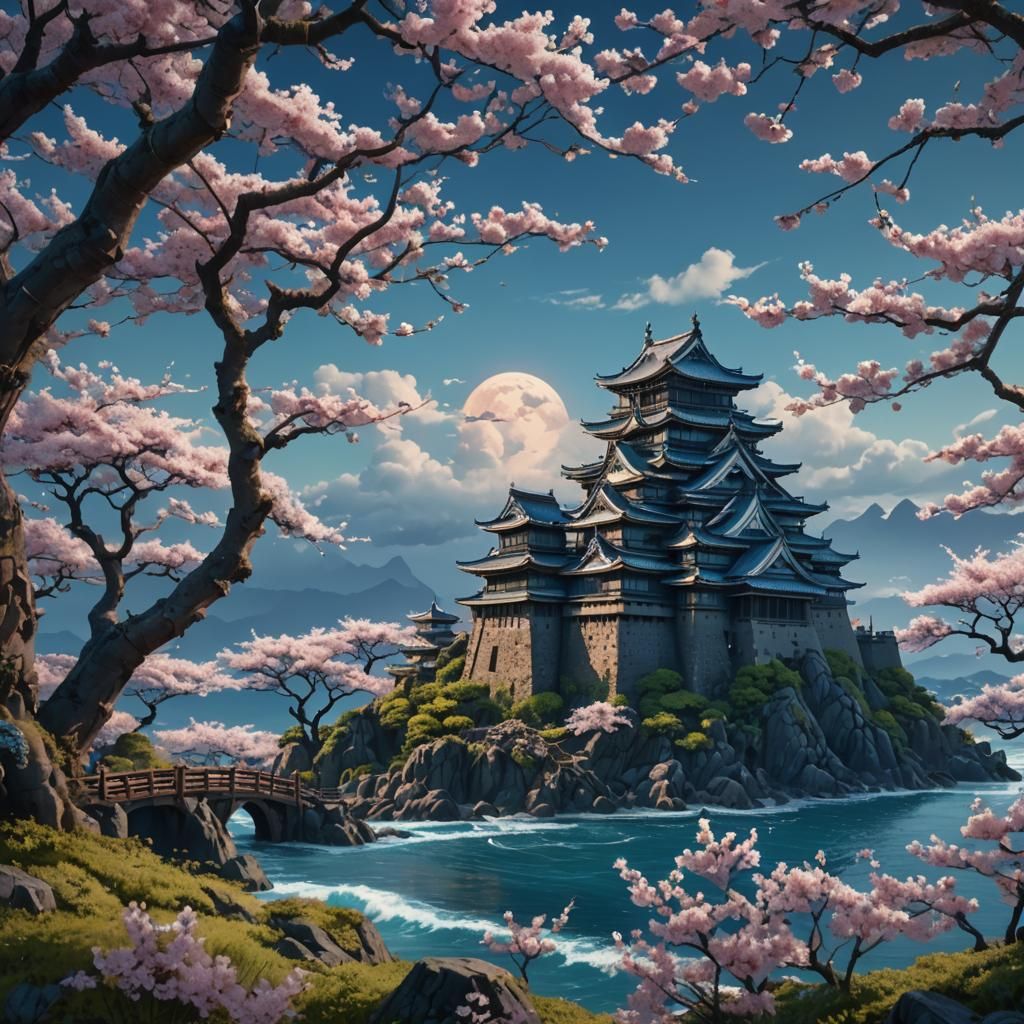 Feudal Japanese Castle with Glowing Waves in Unreal Engine