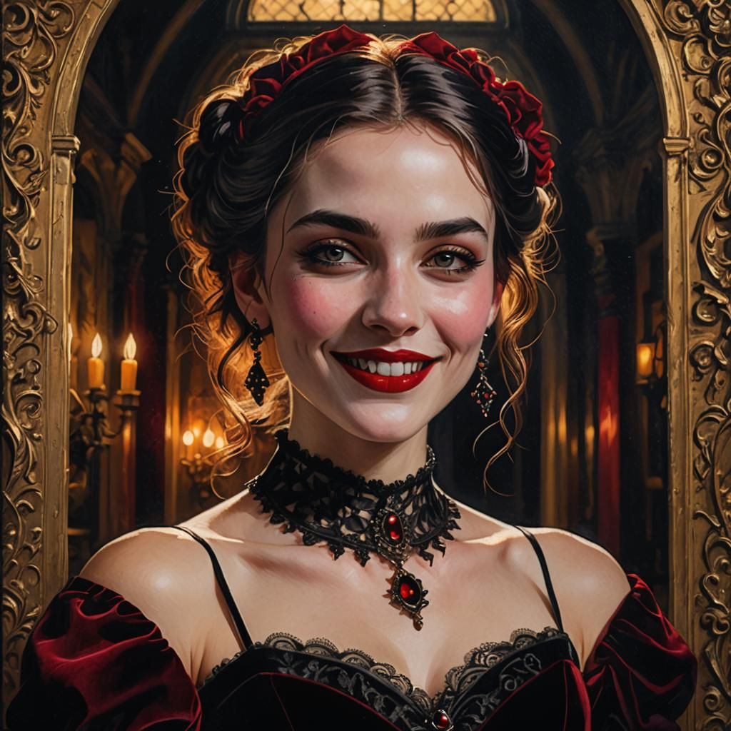 Gothic Girl in Red Victorian Dress with Golden Light