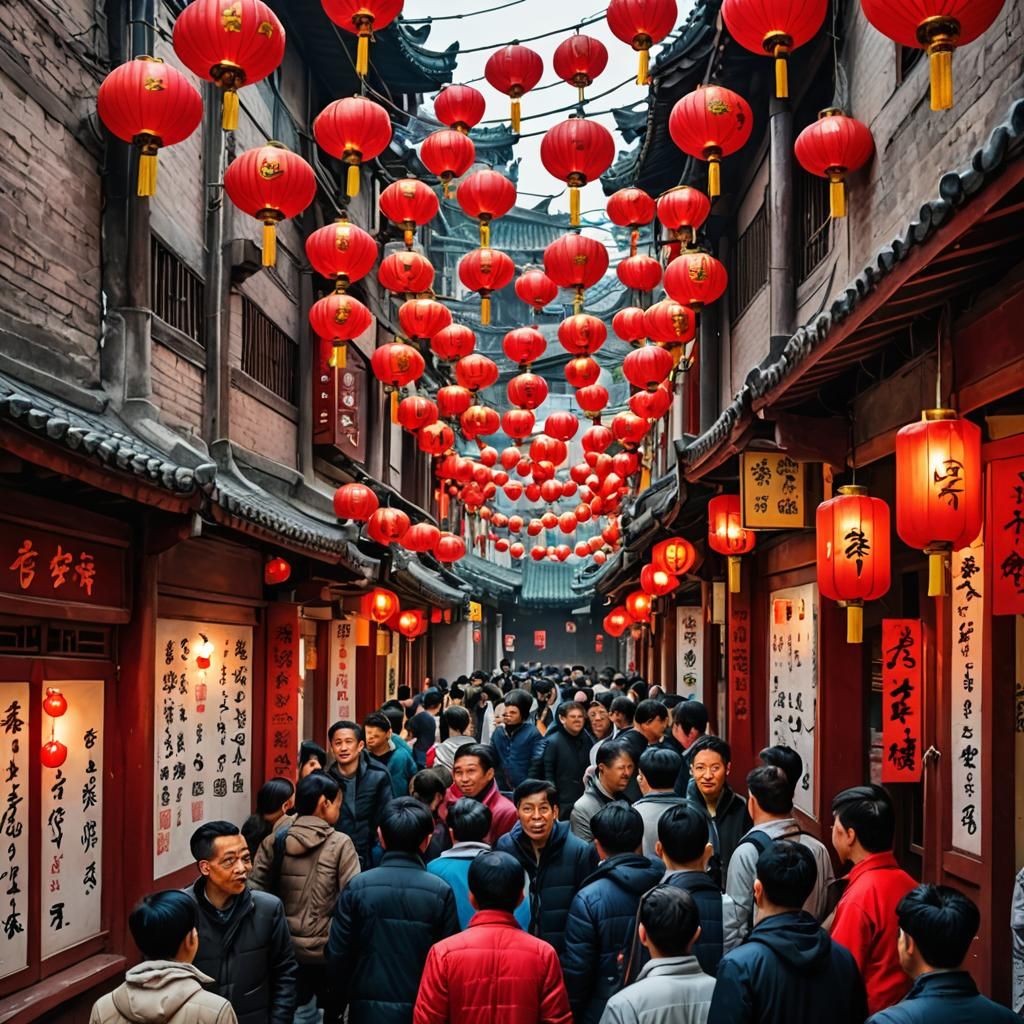Crowded Street in Traditional Chinese City
