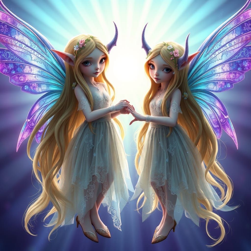 Tieflings with porcelain-like pale skin, delicate facial features, and intricate, ethereal wings in shades of iridescent...