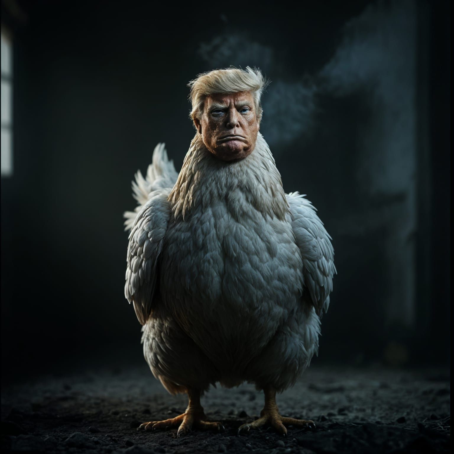 Proud Trump Chicken Dominates Dimly Lit Smoky Backdrop