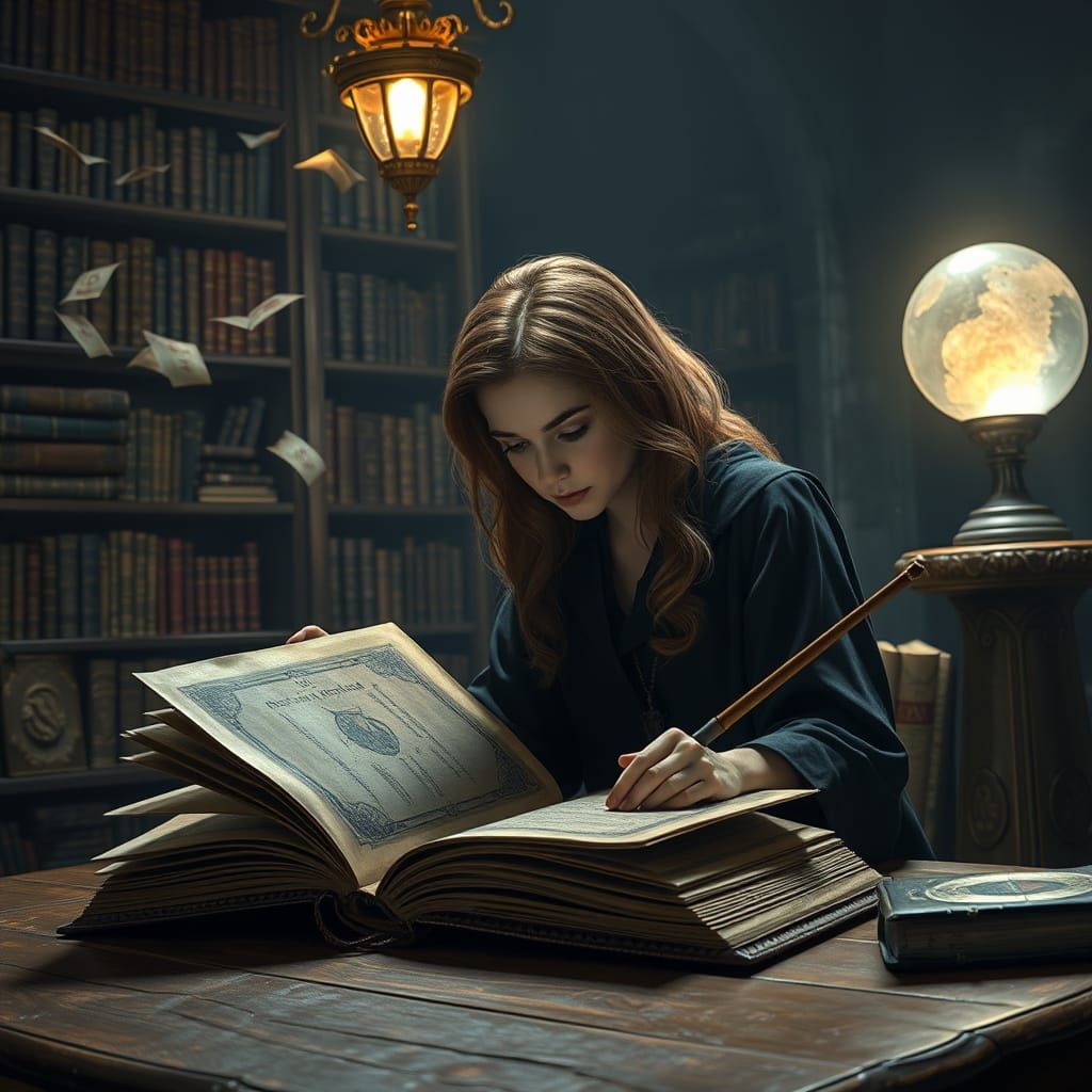 Mystical Study of Ancient Spells in a Hogwarts Library