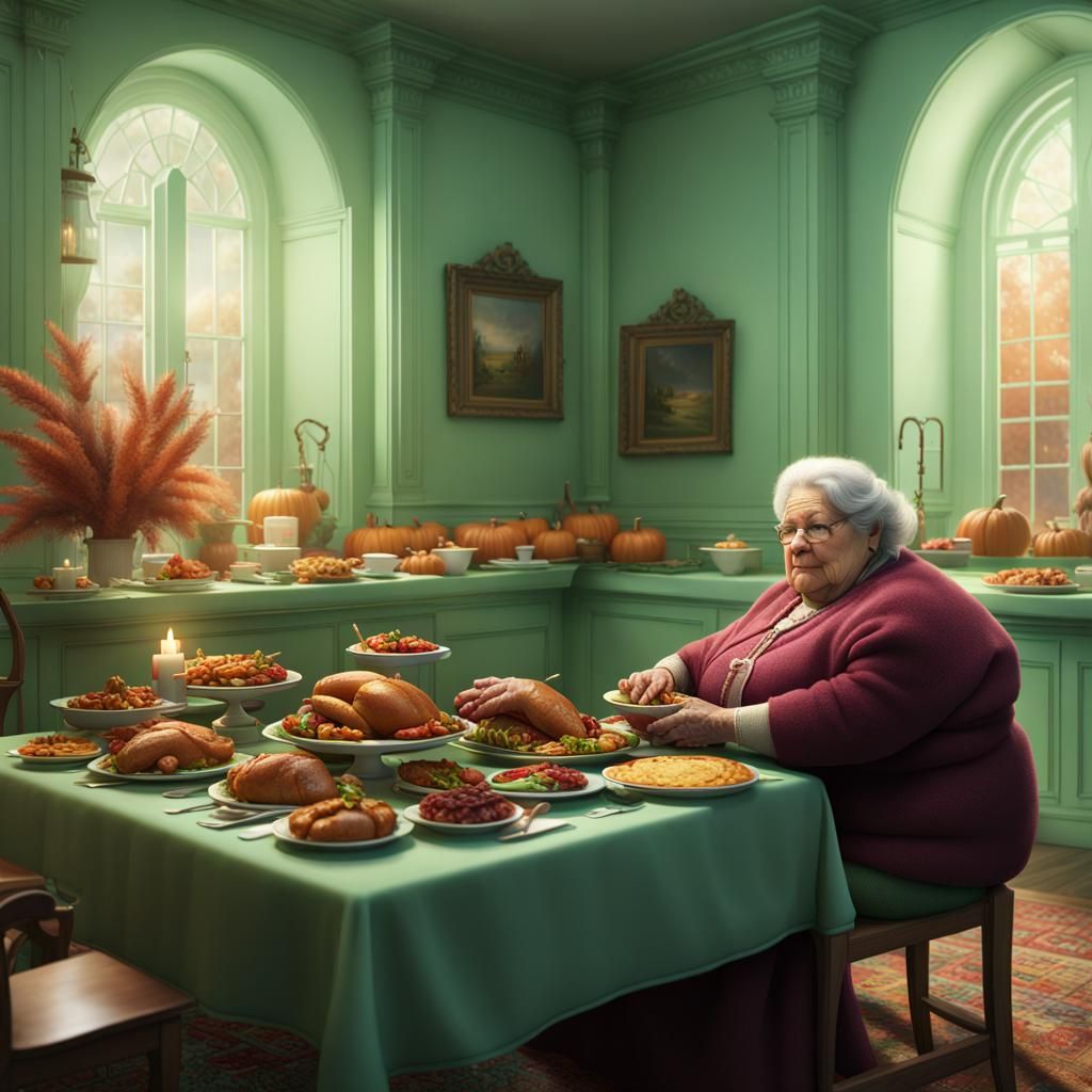 Thanksgiving Buffet Laid Out by Elderly Woman