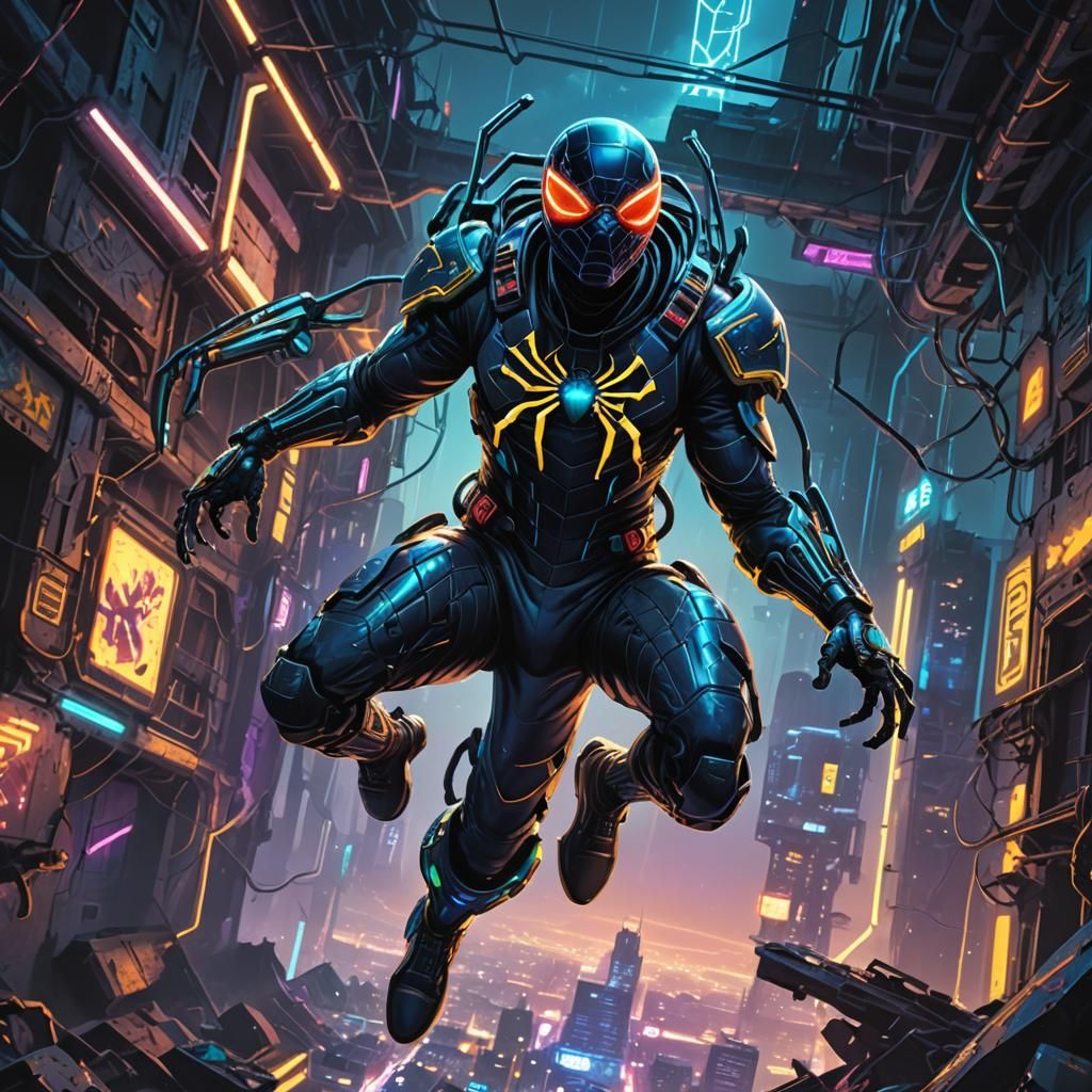 Cyberpunk Spider Skydiving Through Apocalyptic City