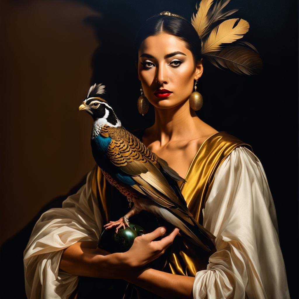 Eurasian Quail Goddess with Golden Mask in Caravaggio Style