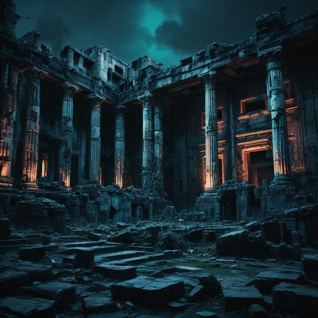 Cyberpunk Roman Ruins with Neon and Blue Circuits