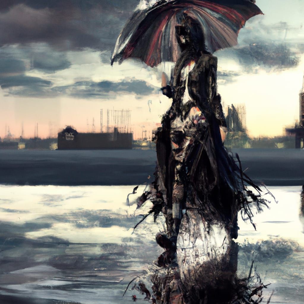 Gothpunk Witch Walking in the Rain