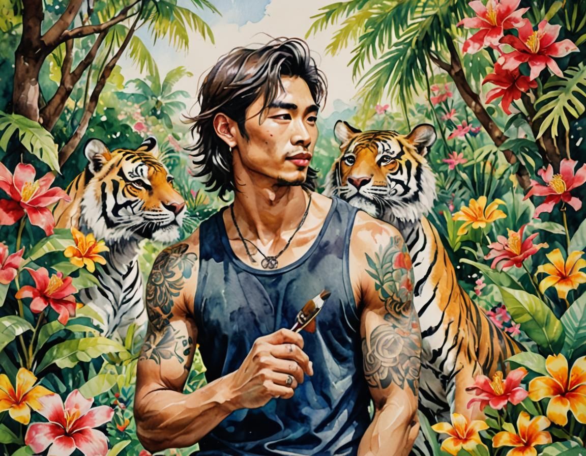 Vibrant Watercolor Portrait of Two Men in a Tropical Garden