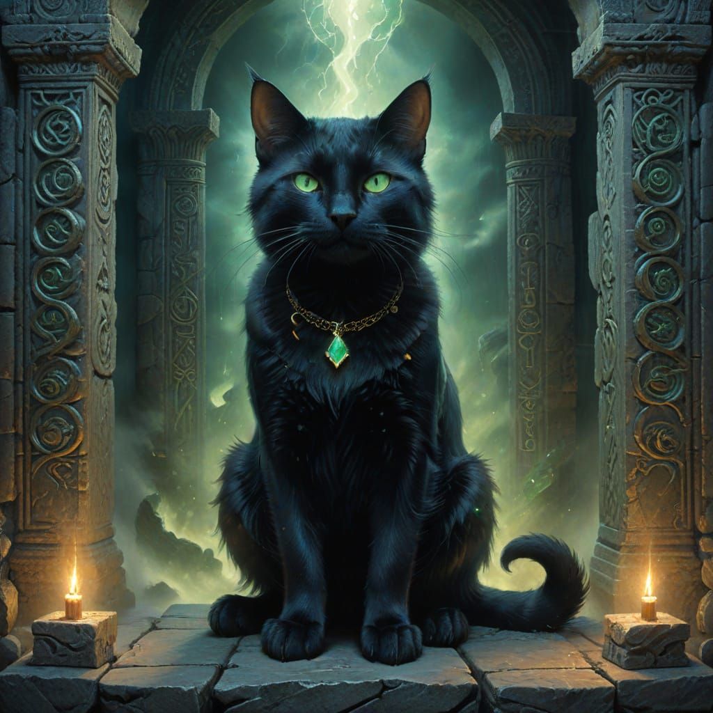 Regal Black Cat on Rune Throne in Mystical Temple