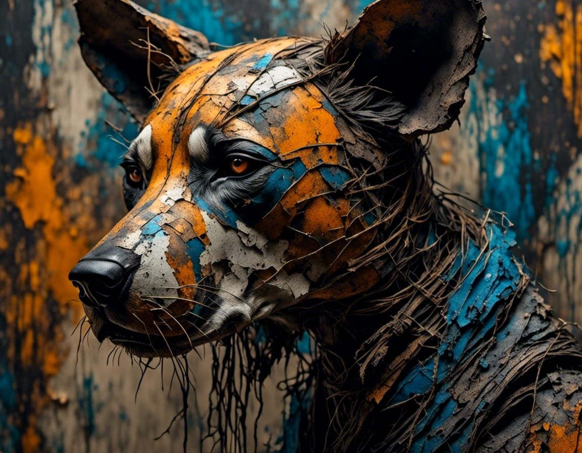 Animatronic Wild Dog Close-Up in Wreckage
