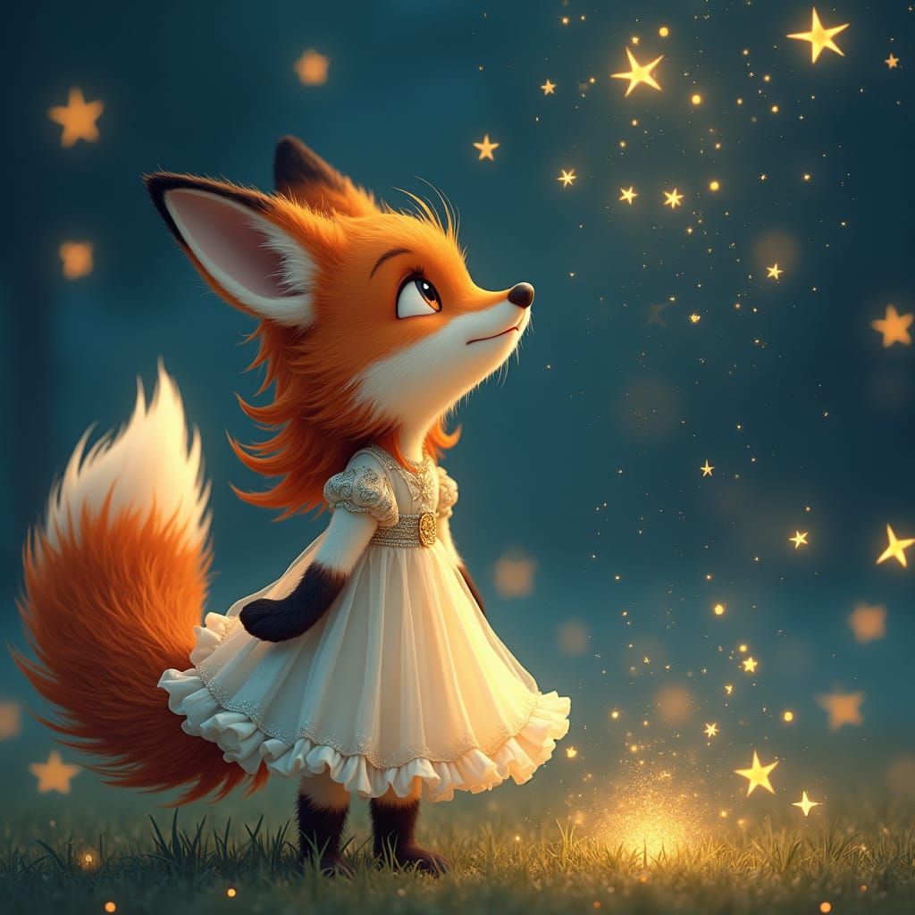 Fox Girl Gazing at Starry Sky with Fireflies