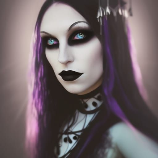 Uncanny ethereal Gothic Wiccan priestess with long flowing black hair& Beautiful crystal blue eyes& wearing smoky black ...