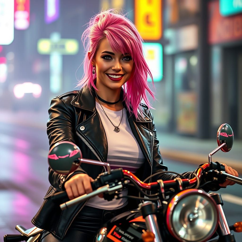 Cyberpunk Goddess Rides into Neon Sunset