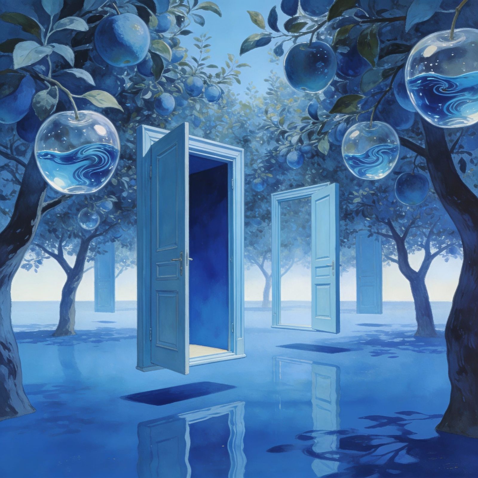Surreal Blue Orchard with Glass Fruit and Floating Doors