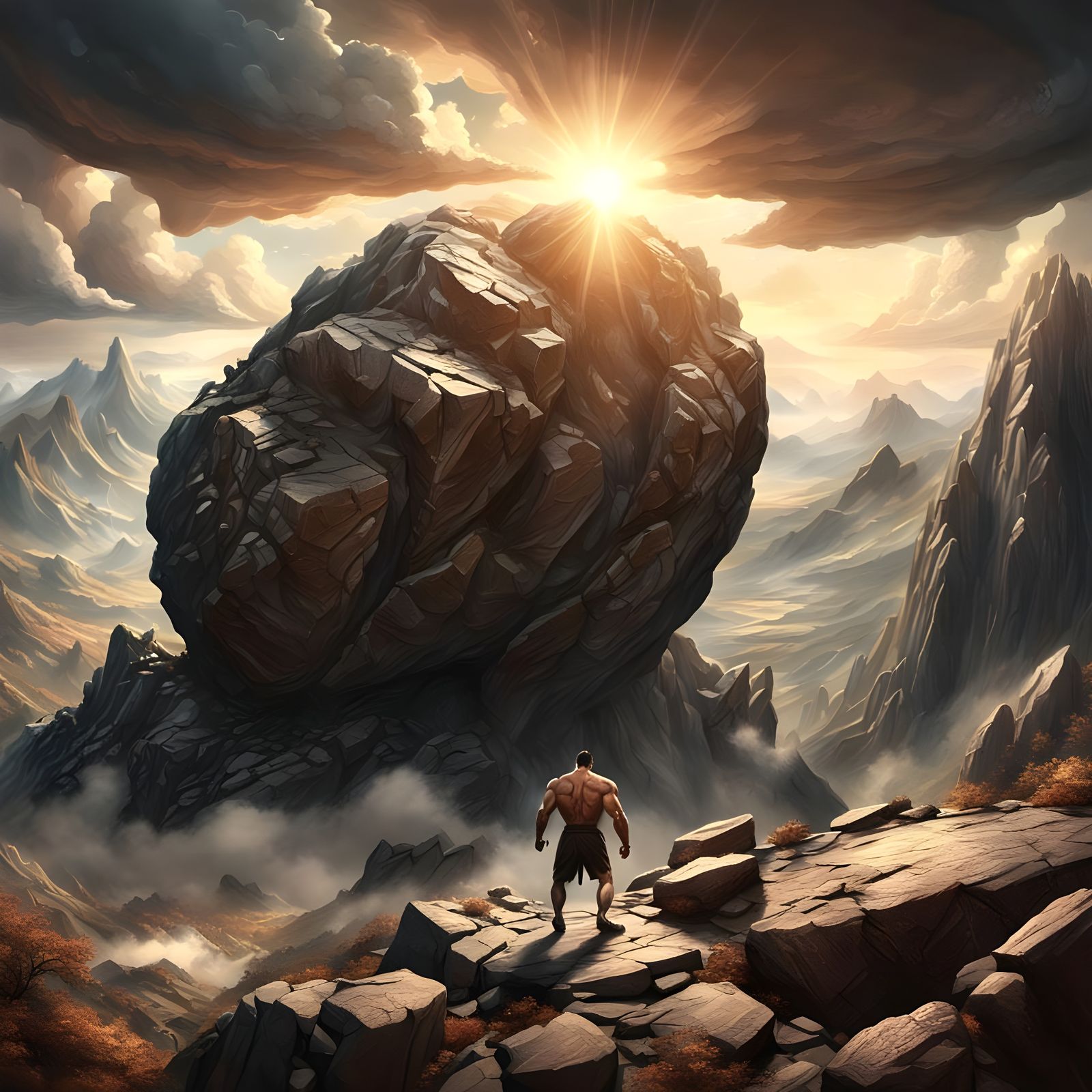 Sisyphus's Struggle: A Colossal Stone and Jagged Peak