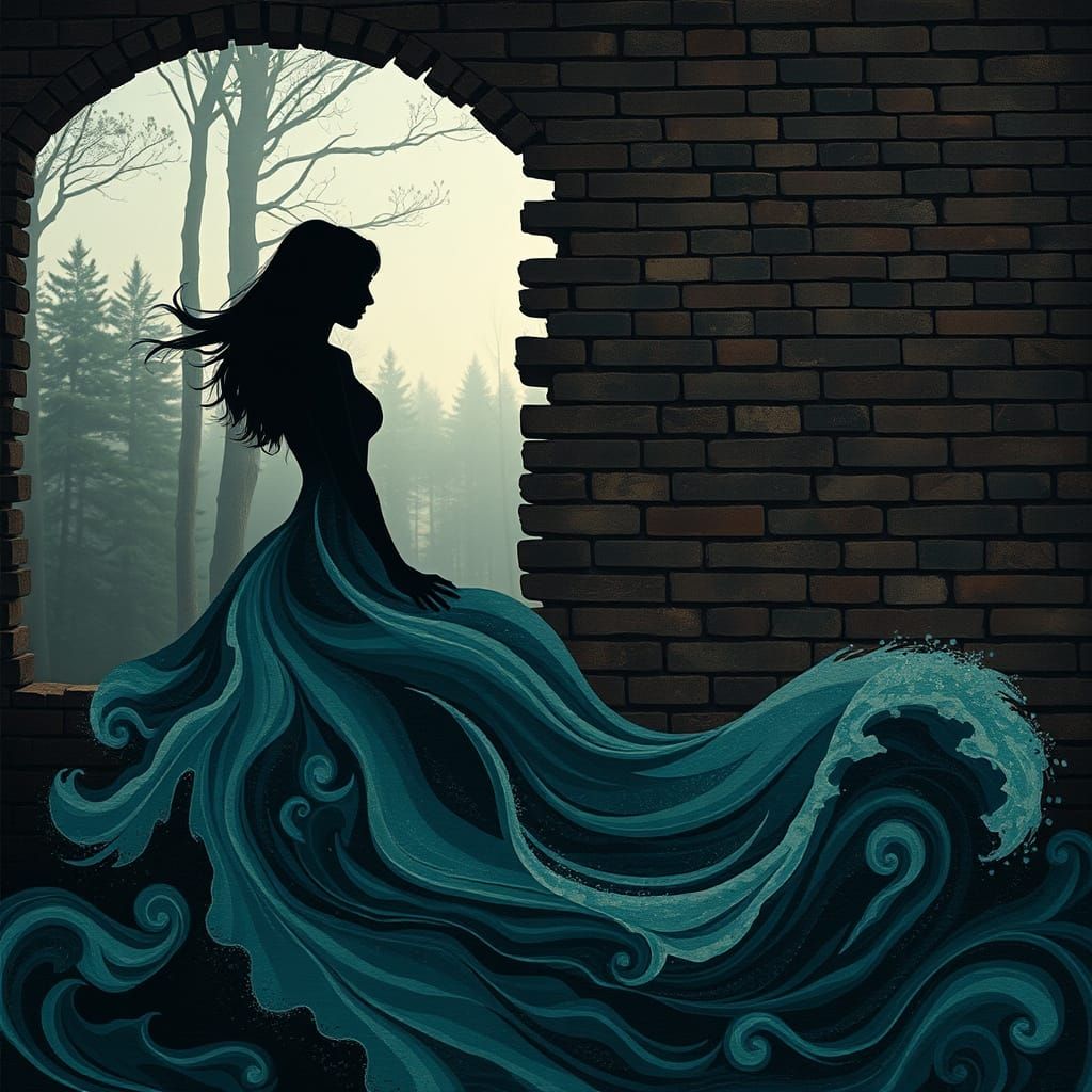 Surreal Silhouettes Separated by a Wall in Dark Forest