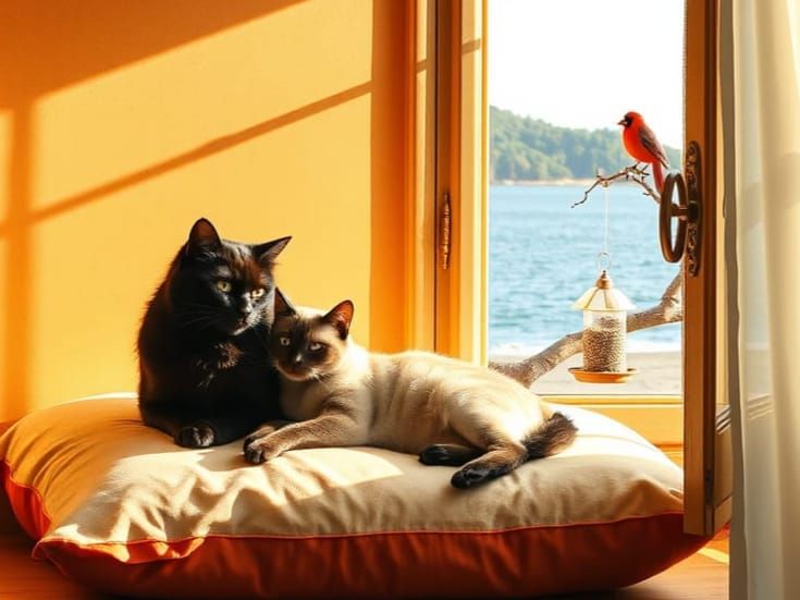 Peaceful Coexistence of Black and Siamese Cats in a Whimsica...