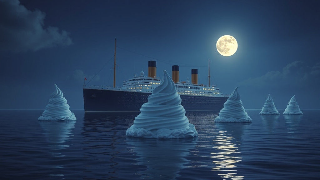Titanic Cruises Toward Giant Ice Cream in Moonlit Sea