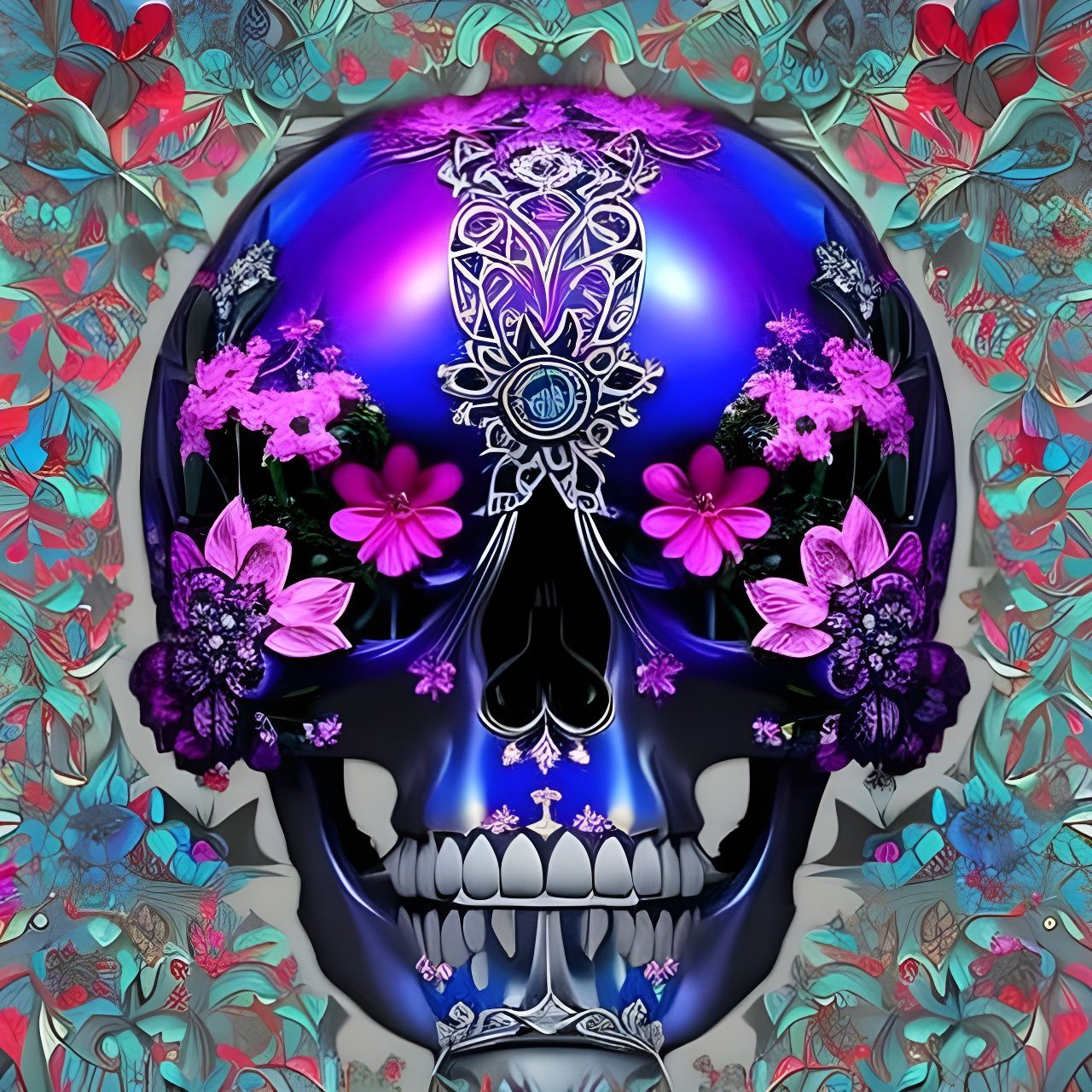 Chromium Skull with Roses in Hyperdetailed Digital Art