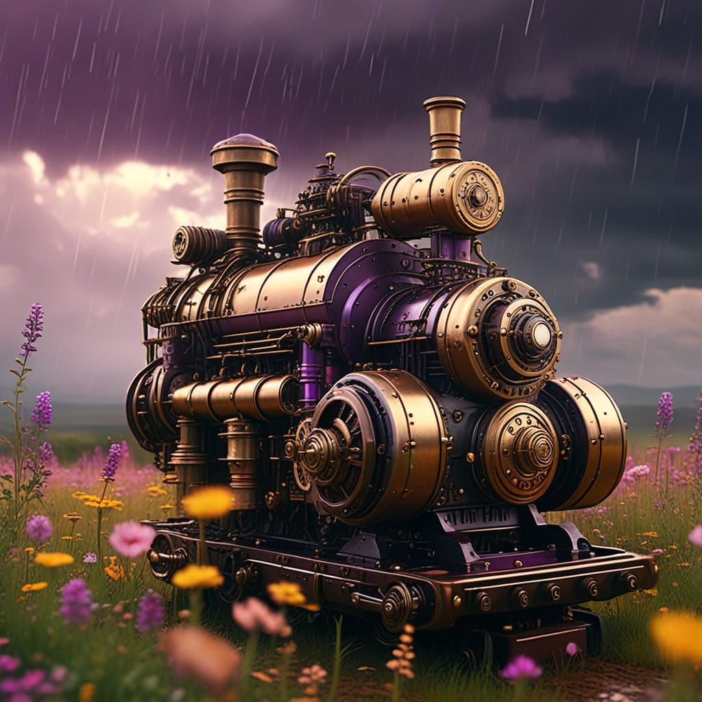 Steampunk Engine in Rainy Wildflower Field