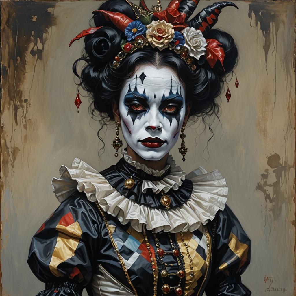 Demonic Porcelain Harlequin Mime: Oil Painting