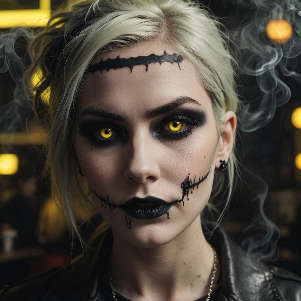 Goth Model in Neon-Lit Coffee Shop