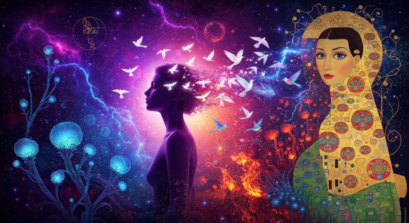 Ethereal Woman with Cosmic Birds in Surreal Style