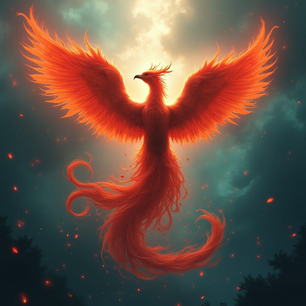 Fiery Phoenix Rising from Ashes, Fantasy Concept Art