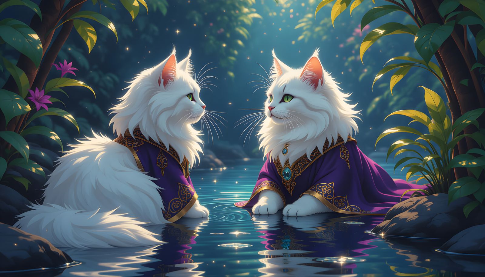 White Cat Reflection: Dark Fantasy Art in 8K