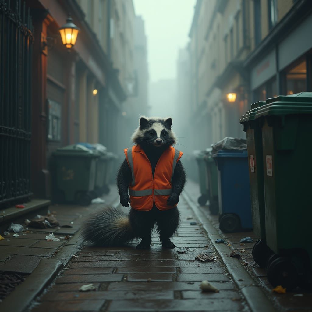 Skunk Garbage Collector in Foggy London Alleyway