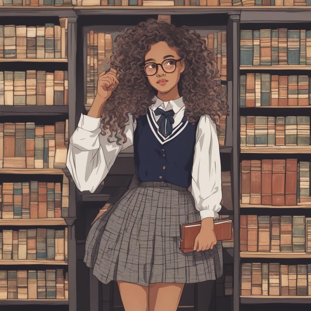 Nerdy Blasian Librarian with Book in Hand