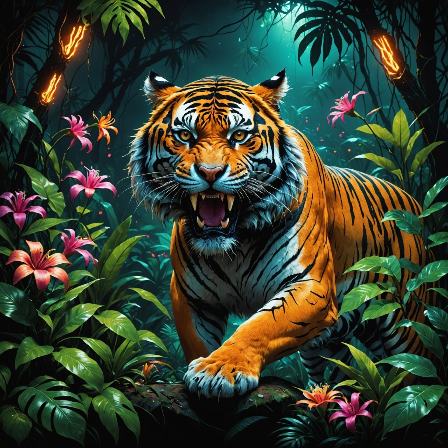 Surreal Neon Jungle Scene with Angry Tiger