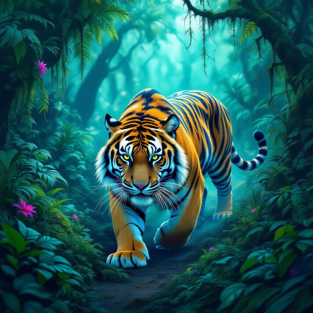 Eight-Legged Tiger in Bioluminescent Jungle