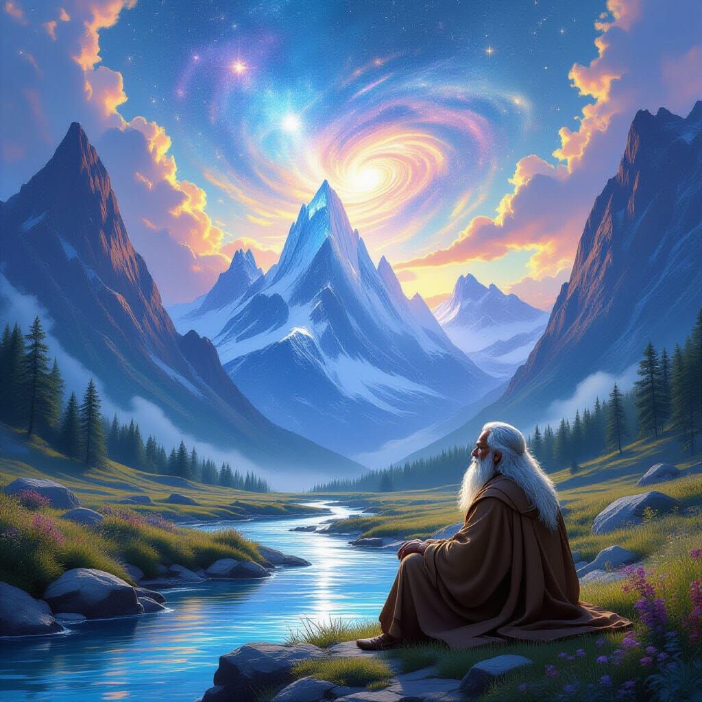 Wise Old Man by Cosmic Stream in Crystalline Mountains
