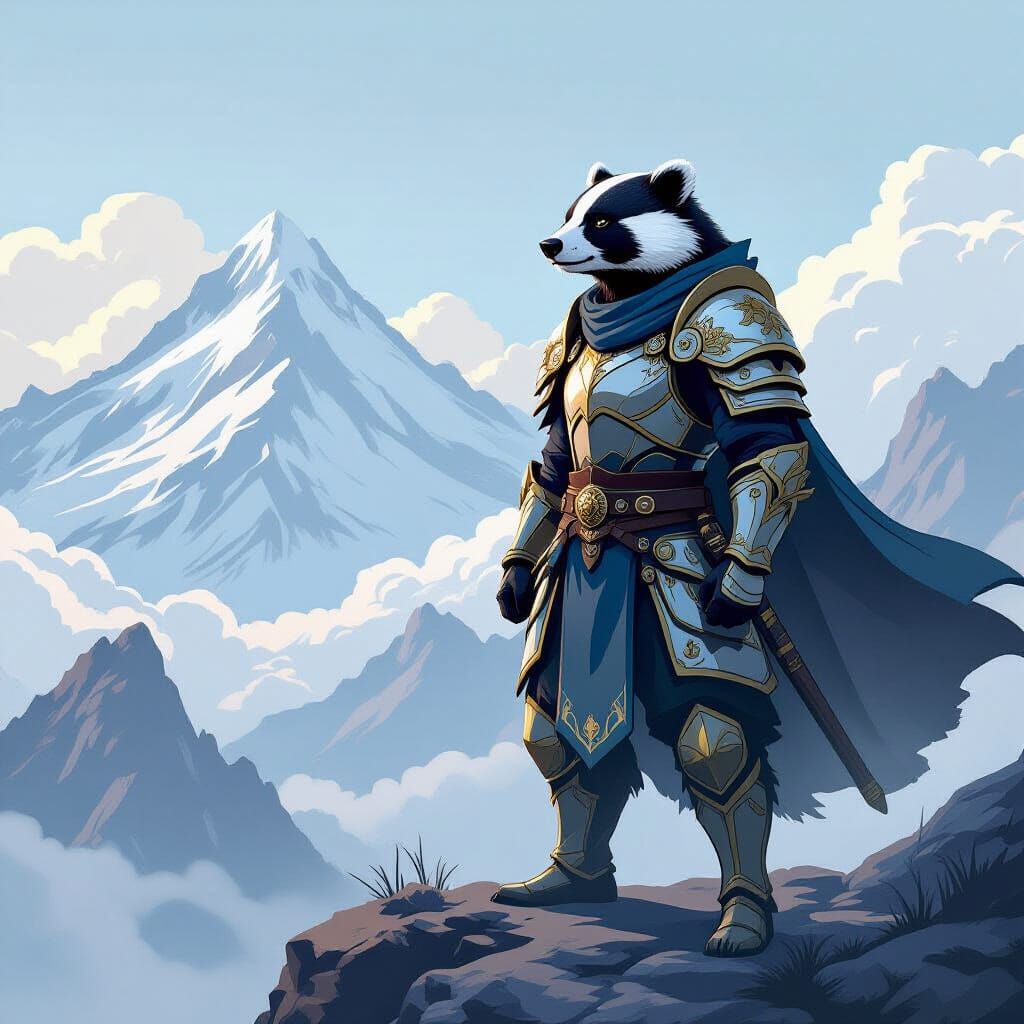 A stoic badger warrior clad in shining armor, standing atop a towering, mist-shrouded mountain peak, gazing into the dis...