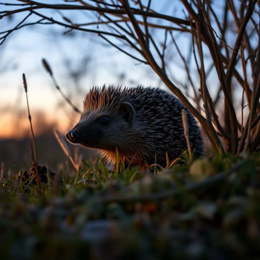 Hedgehog Emerges from Twilight Bush