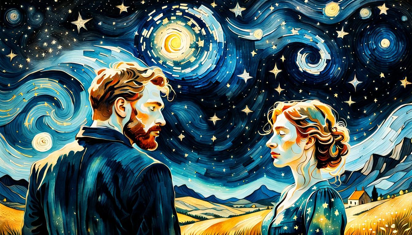 Couple Gazing at Starry Night Sky in Van Gogh Style