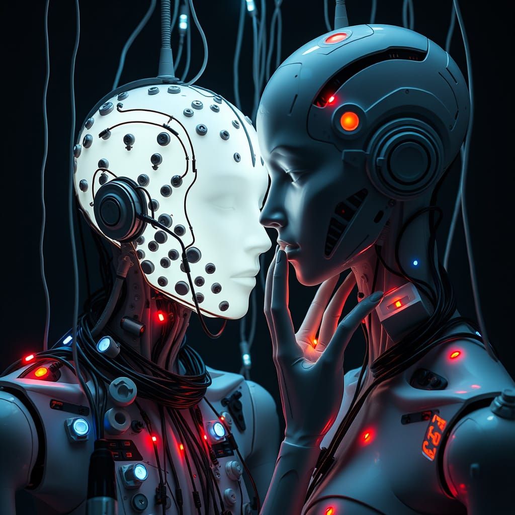 Sci-Fi Mannequin Sculpture with Glowing Lights and Wires