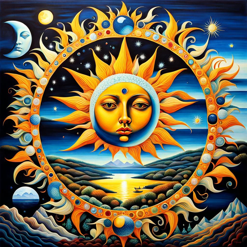 Crystalline Sun and Moon in Surreal Style