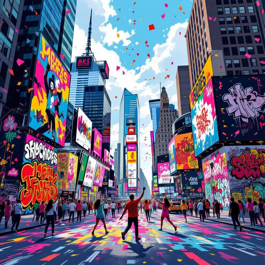 Vibrant Graffiti Cityscape with Dancing Figures