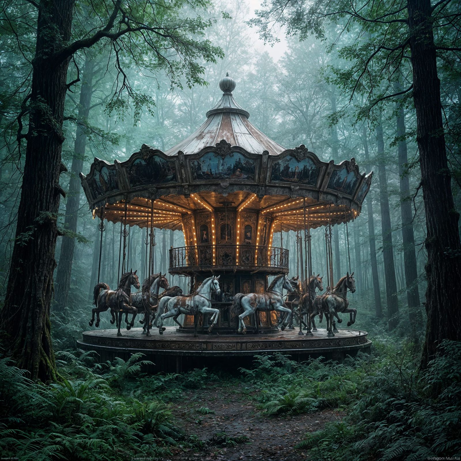 Rusted Carousel in Overgrown Forest