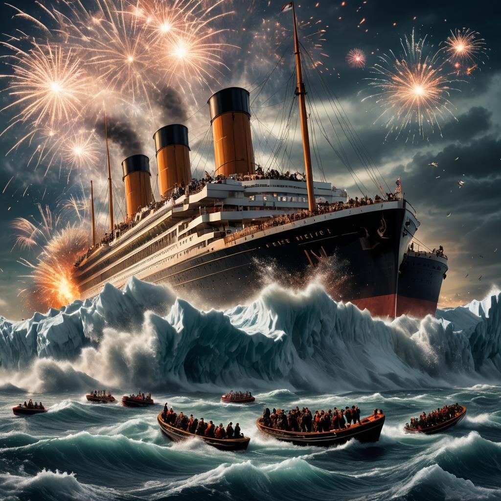 Titanic Sinking with Fireworks, Hyperrealistic Detail