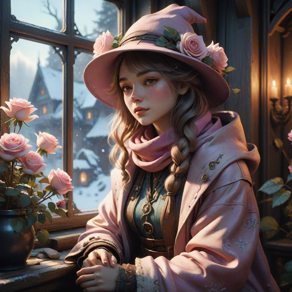 Whimsical Winter Scene with Enchanted Girl and Pink Roses