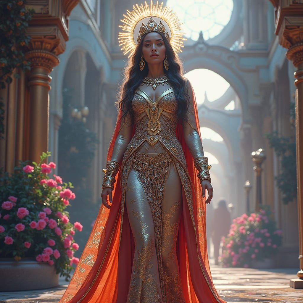 Regal Woman in Heavenly Metropolis, Adorned in Futuristic Op...