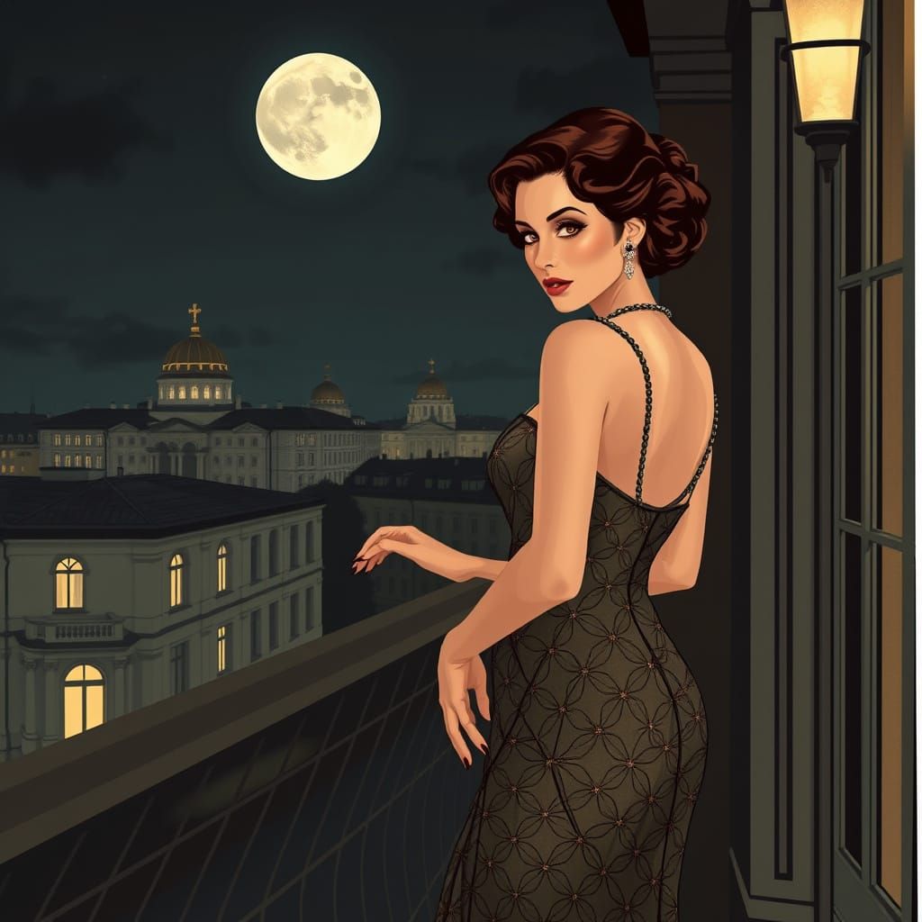 Regal Russian Woman in Art Deco Gown Overlooking Moonlit St....